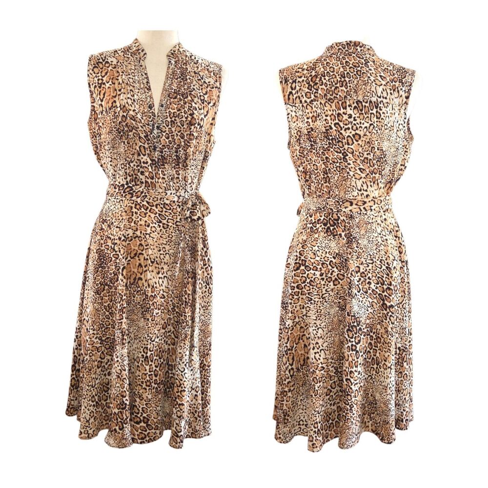 Nanette Lepore Leopard Print Fit & Flare Casual Day Dress Sz 8 Sleeveless Belted